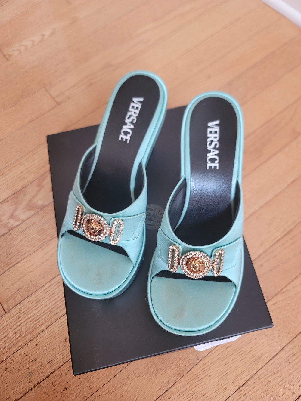 Versace Women's Heeled Sandals with Medusa Buckle (TURQUOISE)